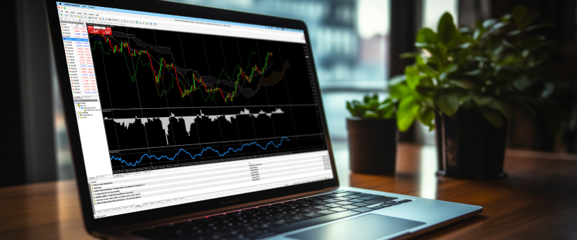 A person engaging in forex trading on a laptop, with MT4 platform open, using indicators like exponential moving average.