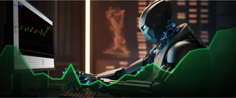 A robot analyzing an upward trend line on a computer screen in an algorithmic trading start-up setting.