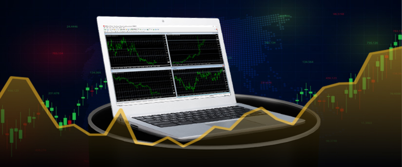 A laptop showcasing forex trading on MT4 platform with algorithmic analysis and AI integration.
