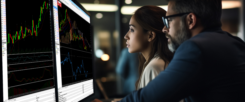 Two individuals monitoring forex trading on computer screens at a CFD brokerage.
