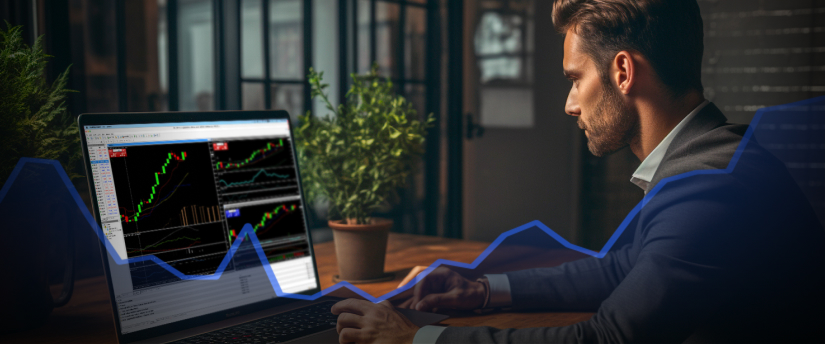 A man in a suit, focused on a laptop screen displaying a graph, engaged in forex trading.