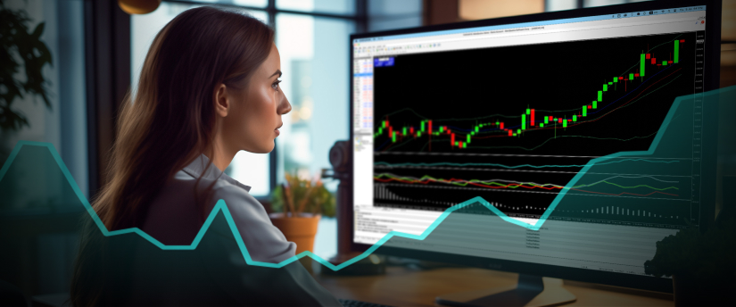 A woman analyzing a stock chart on a computer screen, focusing on cfd, broker, and trading, with a man nearby.