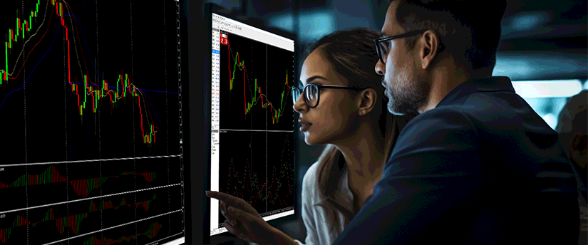 Two individuals analyzing a stock market chart on a screen, possibly related to CFD or share trading.