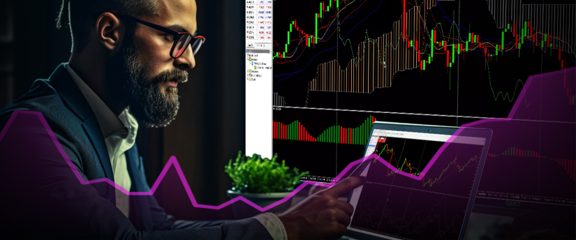 A man in a suit analyzes a chart on a computer screen, focusing on forex trading using the MetaTrader platform.