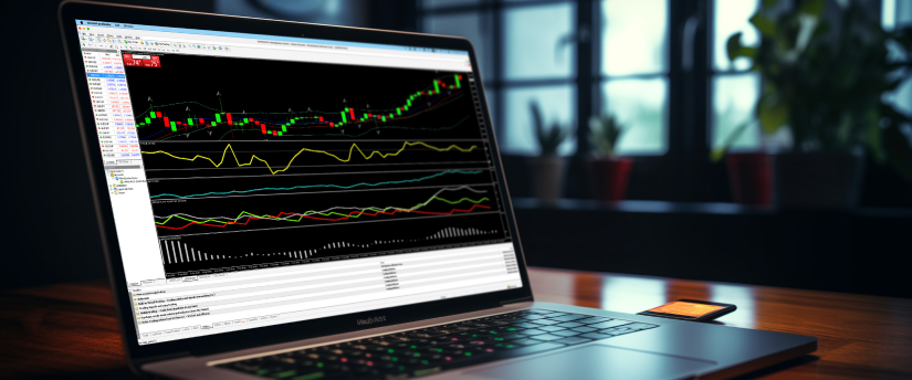 Image of forex trading on a laptop screen with MetaTrader 4 platform, featuring CFD, stock, and shares.