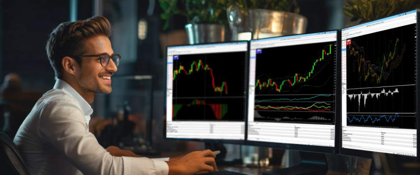 A man at a desk with three monitors displaying trading indicators: RSI, Relative Strength Index MetaTrader 4.