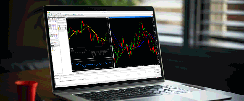 Laptop displaying forex trading screen with Metatrader platform for learning forex trading.
