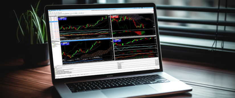 A laptop displaying various trading options including stochastic, indicator, technical, and MT4 on screen.