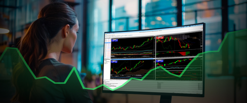 An image of a woman examining a stock market graph on a computer screen, specifically observing the Relative Strength Index in MetaTrader 4.