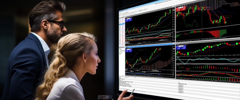 A man and woman analyzing trading options on a screen, discussing cfd, trading, stock, and shares.