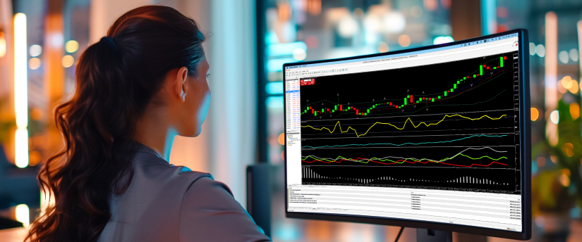 A woman analyzing a trading chart on a computer screen, focusing on stochastic indicator in MT4 platform.