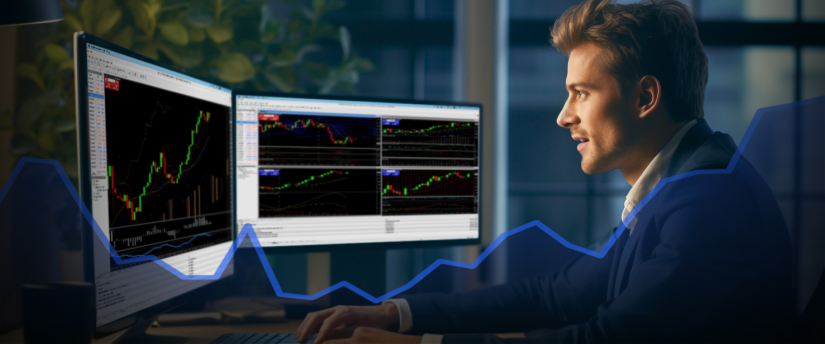 A professional trader in a suit analyzing a forex chart on a computer screen for AI trading analysis.