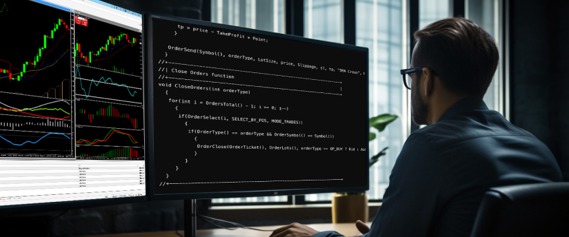 A man at a desk with two monitors displaying trading data. The image represents a trader using MT4 software for coding and chatting purposes.