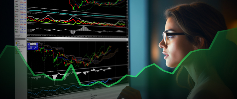 A woman analyzing a forex chart on a screen, possibly using the MT4 trading platform for financial analysis.