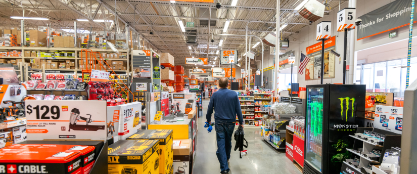 A man navigating a Home Depot store filled with numerous item