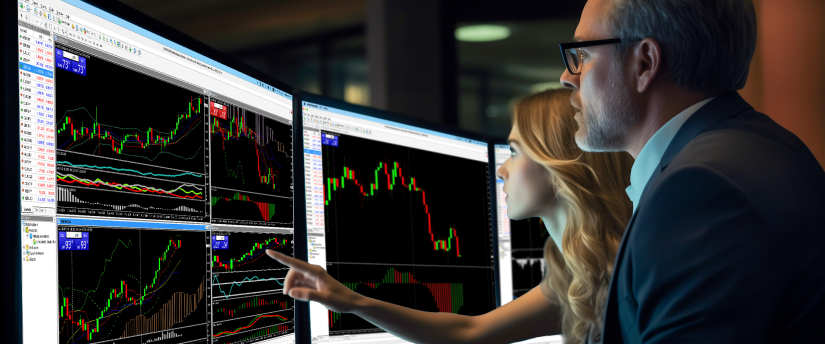 A man and woman analyze multiple screens displaying trading data for algorithmic trading.