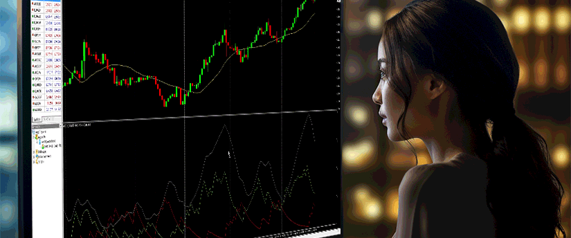 A woman analyzing a trading chart on a computer screen, focusing on market trends and financial data.