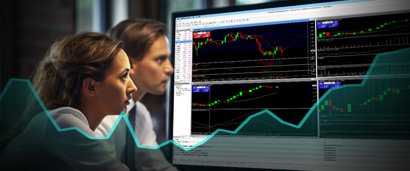 Two traders intently studying a computer screen displaying a trading chart, analyzing data for woman-man analysis using MT4 AI trading.