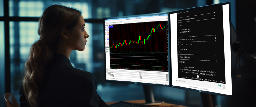 A woman intently examines a computer screen displaying chatgpt and tries to start trading with metatrader codes