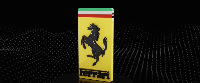 Ferrari logo in yellow and green on black background.