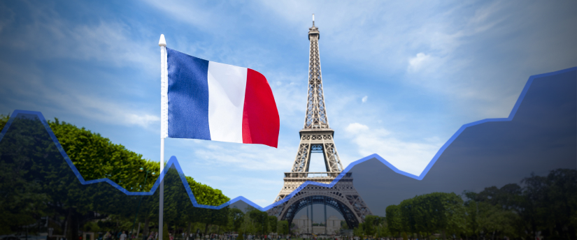 Iconic Eiffel Tower overlooks a plummeting graph against the backdrop of the French flag.
