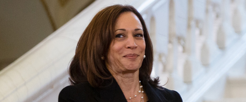 A woman dressed in a black suit and pearls stands on a stairway, representing strength and leadership in U.S. voting.