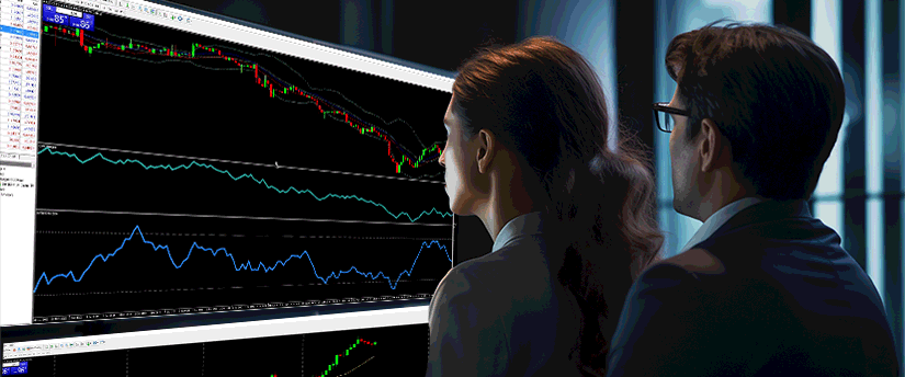 Two people focused on a computer screen displaying a stock market chart, involved in CFD trading with MetaTrader 4