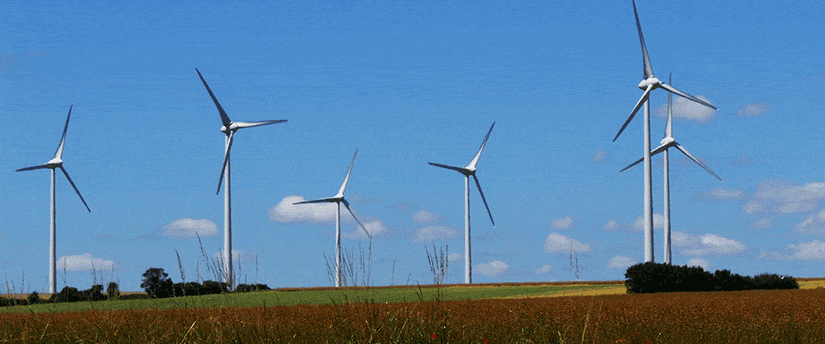 Wind turbines in a field, featuring Repsol wind generator