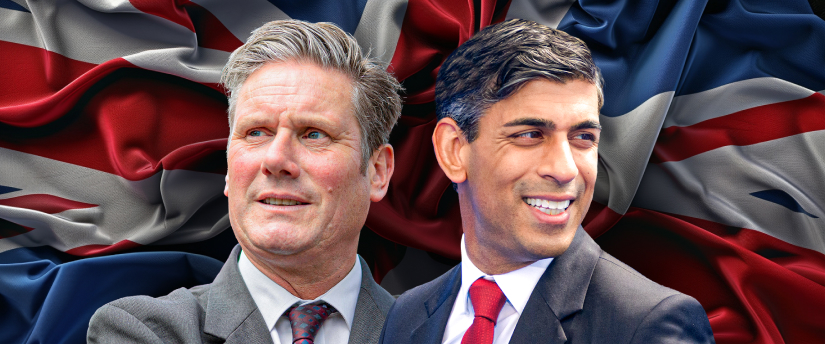 2. Two men in formal attire standing together in the UK during election season.