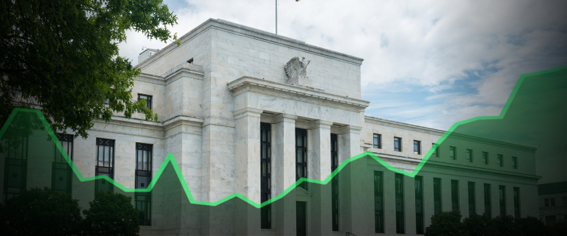 An image of the Federal Reserve building features a distinct green line, emphasizing its architectural details and design.