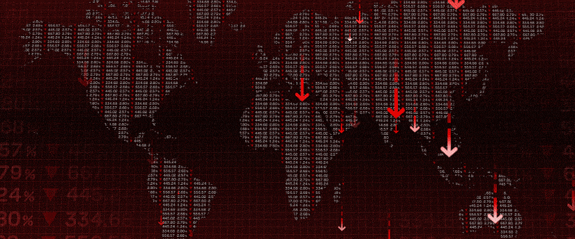 A red world map featuring arrows pointing downward, symbolizing a global trend or movement in a striking visual format.