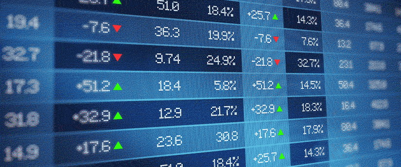 A close-up view of a stock market display showing fluctuating stock prices and market trends on a digital screen.