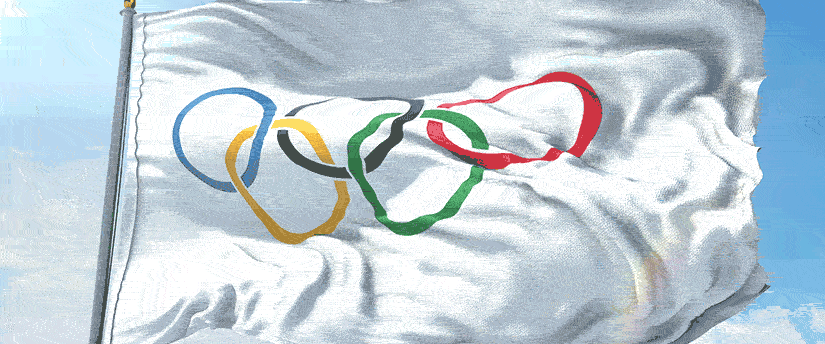 Olympic flag with iconic Olympic rings symbolizing unity and sportsmanship.