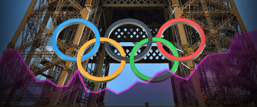 Olympic rings atop tower with gold price graph.