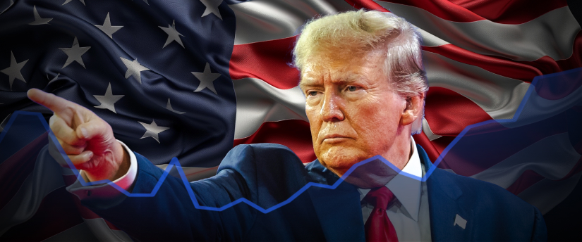 Stock market graph trending upwards with American flag in background, symbolizing Trump's strength.