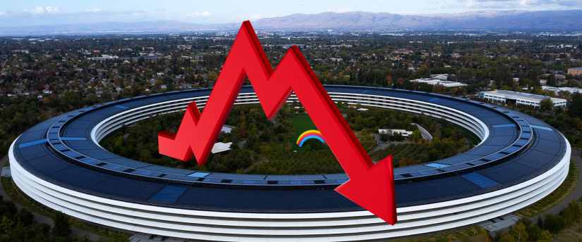 An illustration showing a decreasing line representing Apple's stock price, indicating a notable drop in value.
