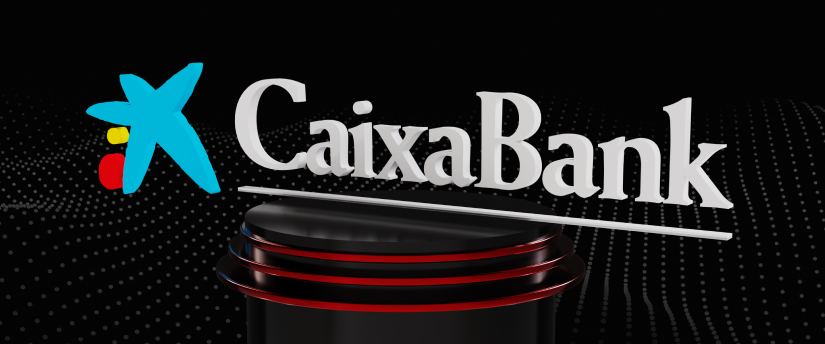 The Caxa Bank logo stands out against a black background, showcasing its distinctive branding and contemporary aesthetic.