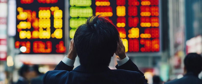 A man in a suit intently observes stock market data displayed on a screen, reflecting a serious investment analysis.