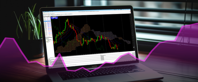 A laptop screen showing the MetaTrader 4 (MT4) platform with various trading indicators, providing real-time market analysis and data for forex trading.
