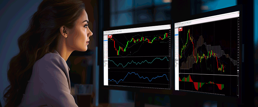 A woman seated at a desk, focused on two monitors displaying various stock market graphs and data analysis.