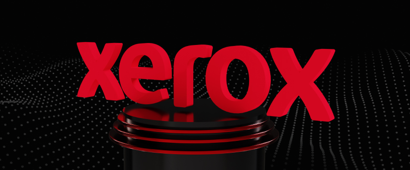 The Xerox logo displayed prominently on a black background, emphasizing the brand's iconic design in stark contrast.