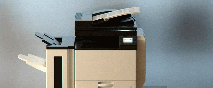 A printer positioned on a desk, showcasing its sleek design and functionality in a modern workspace environment.