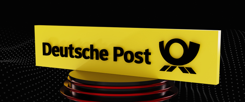 The Deutsche Post logo set against a sleek black background, highlighting the company's recognizable emblem.