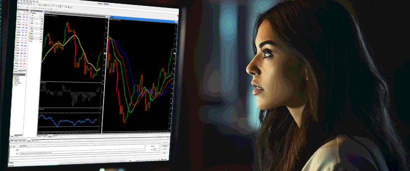 A focused woman examines a trading chart on her computer screen, engaged in financial analysis and decision-making.