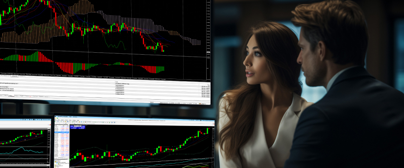 Two people engaged in discussion while observing a trading indicator on a screen, highlighting financial analysis.