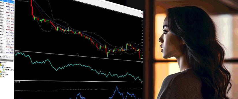 A woman focuses on a computer screen showing a stock trading chart, engaged in financial analysis.