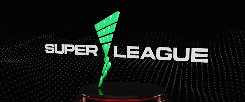 Logo of the Super League displayed prominently against a black background, emphasizing its design and branding.