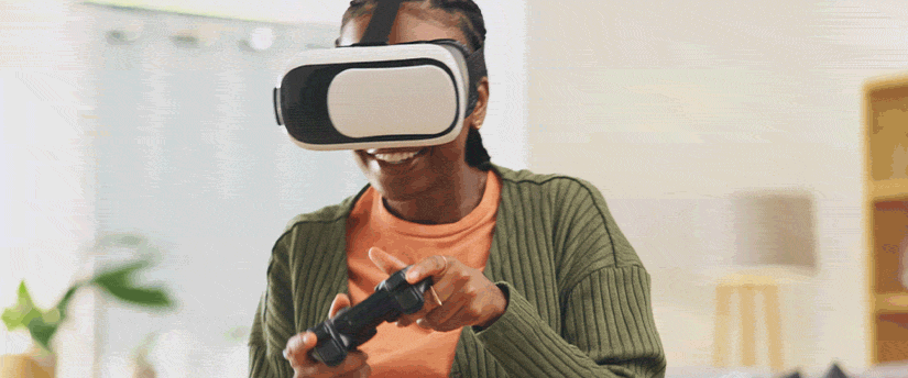 A woman engaged in a virtual reality session, donning a VR headset that highlights the immersive digital experience.