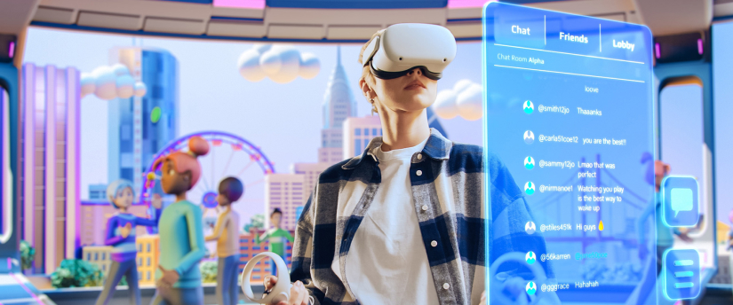 A woman with a virtual reality headset, engaged in an immersive experience, set against a stunning city skyline.

