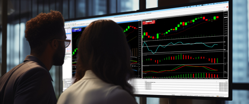 Two people engaged in stock trading, observing data on a computer screen, highlighting their interest in financial markets.
